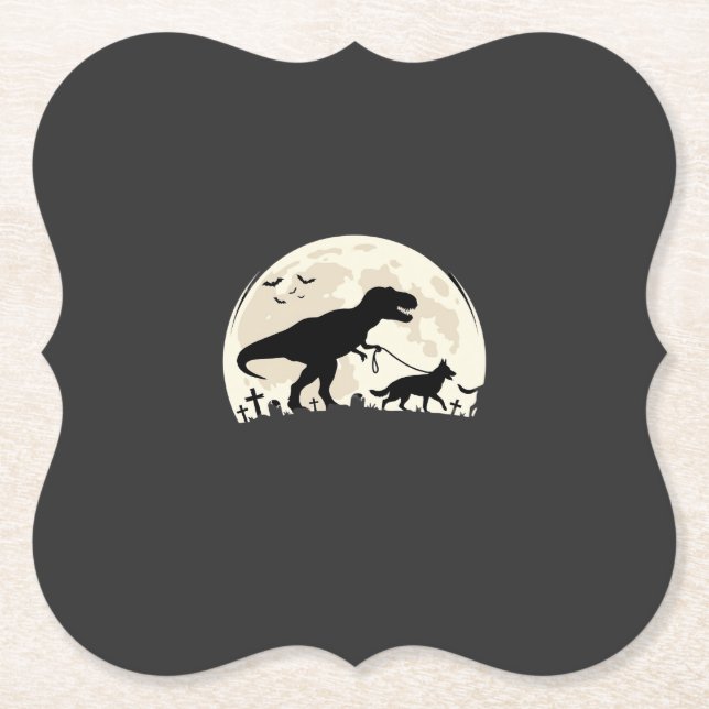 German Shepherd Halloween Dinosaur Moon Silhouette Paper Coaster (Front)