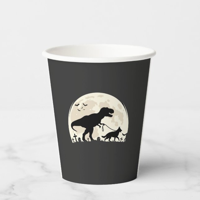German Shepherd Halloween Dinosaur Moon Silhouette Paper Cups (Front)