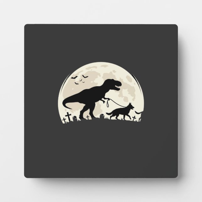 German Shepherd Halloween Dinosaur Moon Silhouette Plaque (Front)
