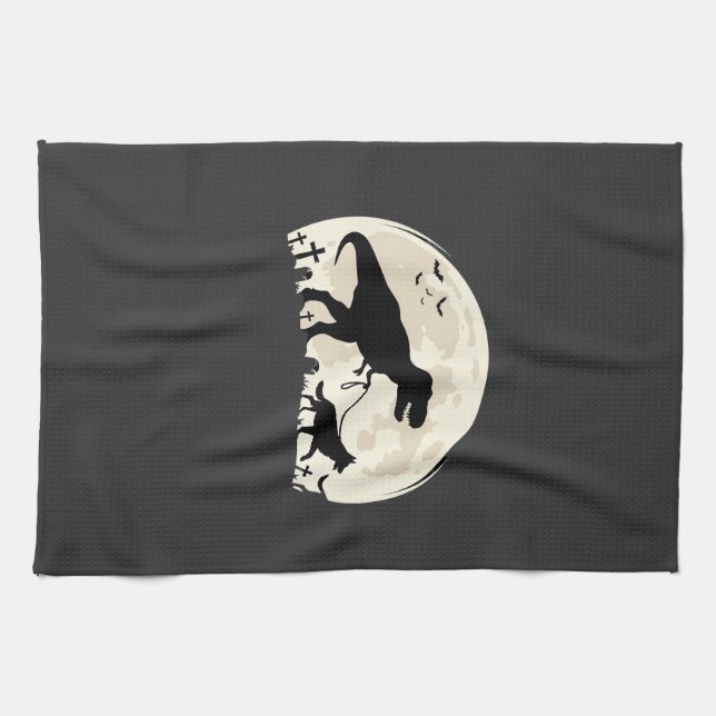 German Shepherd Halloween Dinosaur Moon Silhouette Tea Towel (Horizontal)
