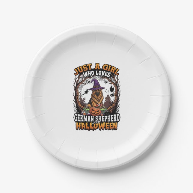 German Shepherd Halloween Dog Witch Hat Pumpkin_1 Paper Plate (Front)