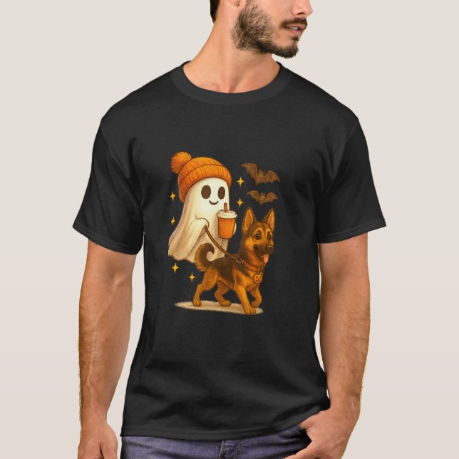 German Shepherd Halloween Ghost Walking German She T-Shirt (Front)