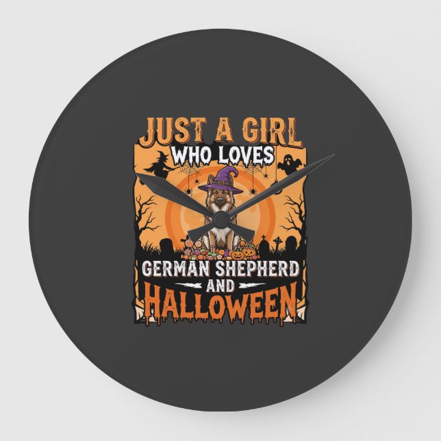 German Shepherd Halloween Girl Witch Dog Design Large Clock (Front)