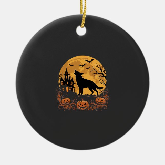 German Shepherd Halloween Moon Pumpkin Design_1 Ceramic Tree Decoration (Front)