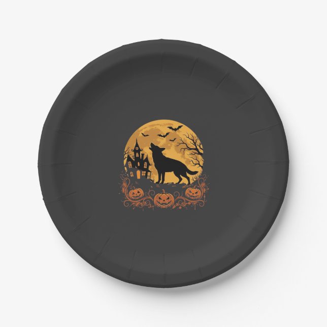 German Shepherd Halloween Moon Pumpkin Design_1 Paper Plate (Front)