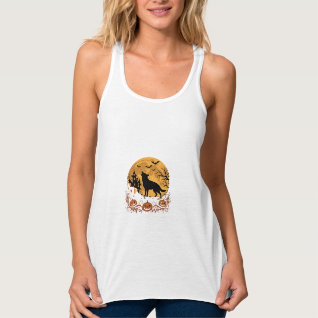 German Shepherd Halloween Moon Pumpkin Design_1 Singlet (Front)