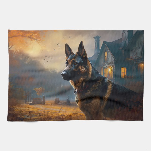 German Shepherd Halloween Scary Tea Towel (Horizontal)