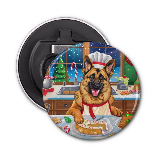 German Shepherd Holiday Baking: Festive Christmas Bottle Opener (Front)