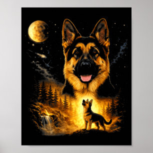 German Shepherd Howling To The Moon Vintage Mystic Poster