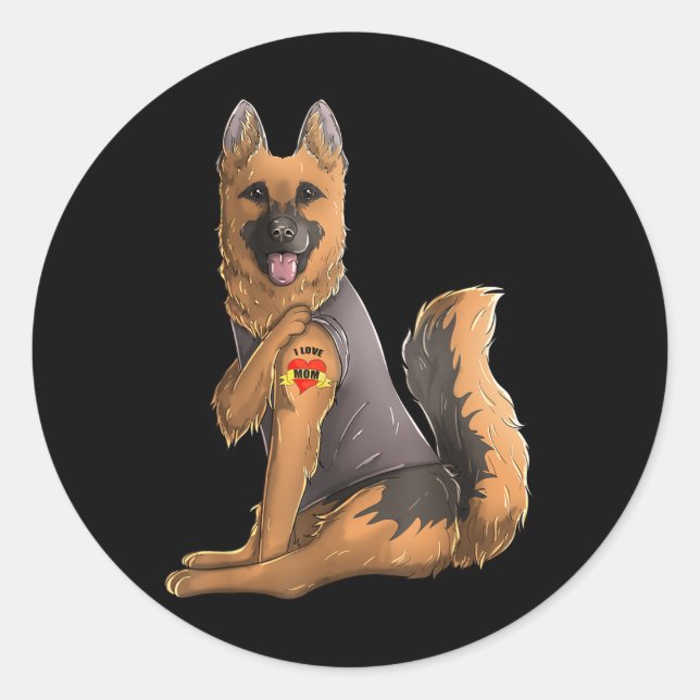 German Shepherd I Love Mum Tattoo Dog Shirt Mother Classic Round Sticker (Front)