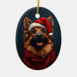 German Shepherd in a Santa Hat Ceramic Tree Decoration