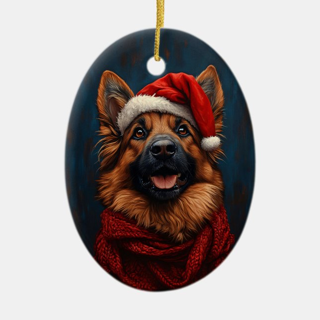 German Shepherd in a Santa Hat Ceramic Tree Decoration (Front)