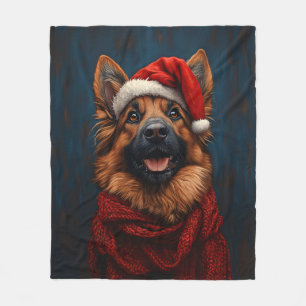 German Shepherd in a Santa Hat Fleece Blanket