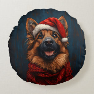 German Shepherd in a Santa Hat Round Cushion