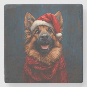 German Shepherd in a Santa Hat Stone Coaster