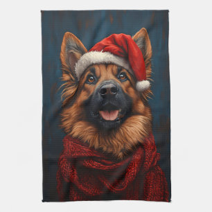 German Shepherd in a Santa Hat Tea Towel