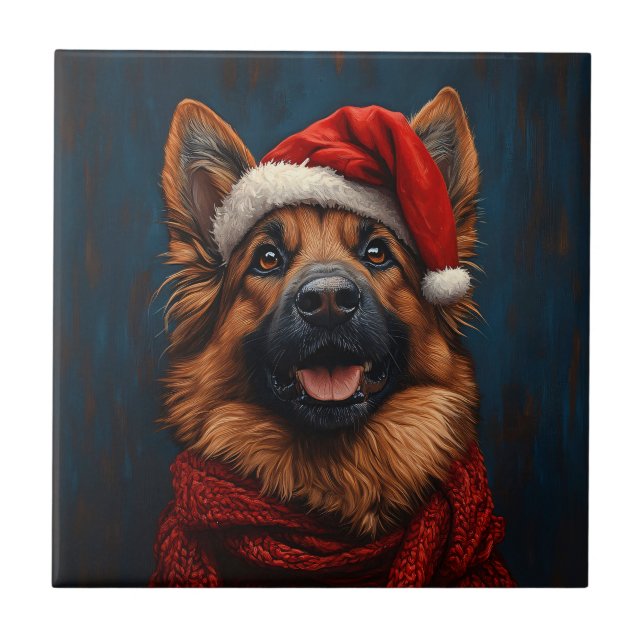 German Shepherd in a Santa Hat Tile (Front)