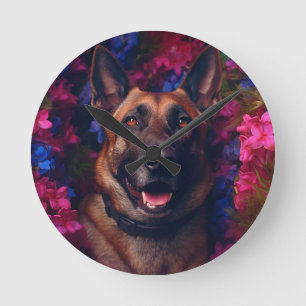 German Shepherd in a Wreath of Flowers Clock