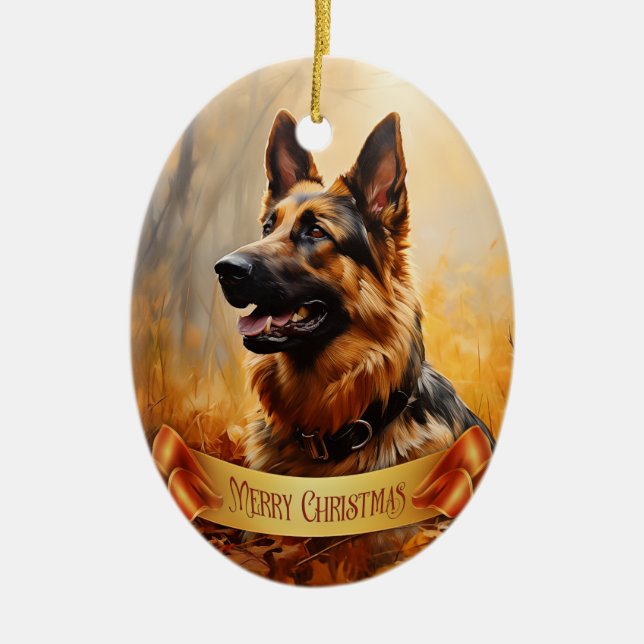German Shepherd in Autumn Ceramic Tree Decoration (Front)