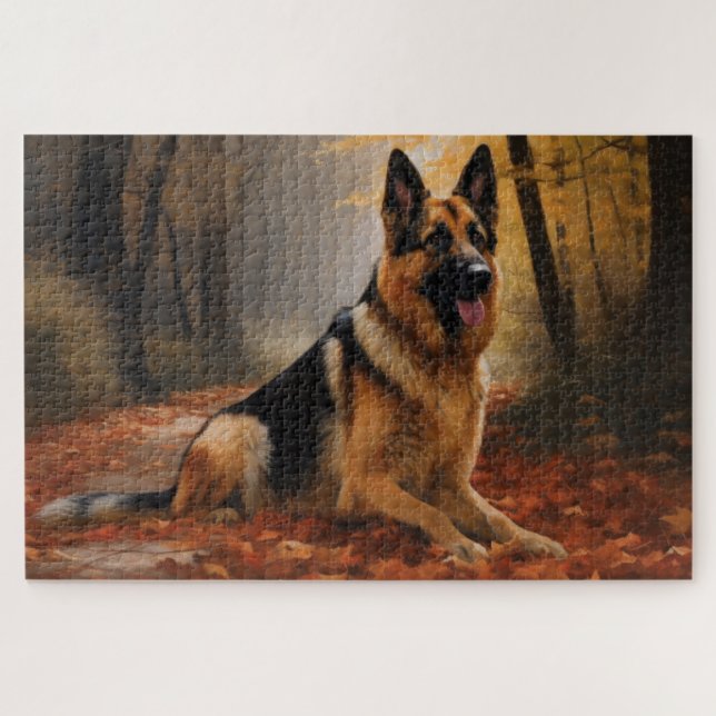 German Shepherd  in Autumn Leaves Fall Inspire  Jigsaw Puzzle (Horizontal)