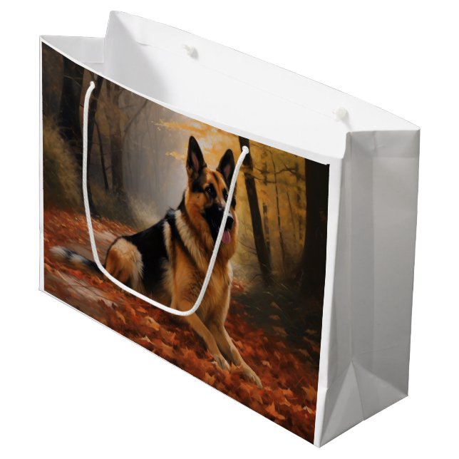 German Shepherd  in Autumn Leaves Fall Inspire  Large Gift Bag (Front Angled)