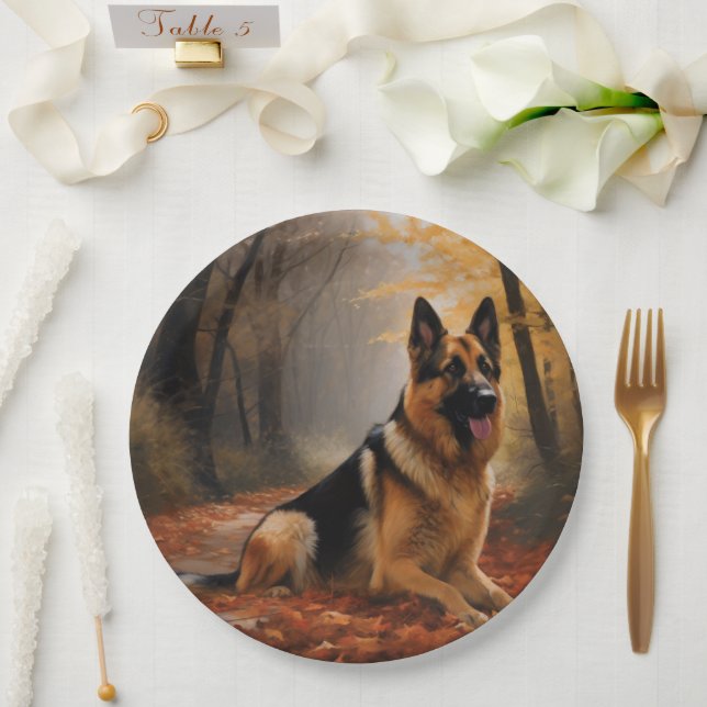 German Shepherd  in Autumn Leaves Fall Inspire  Paper Plate (Wedding)