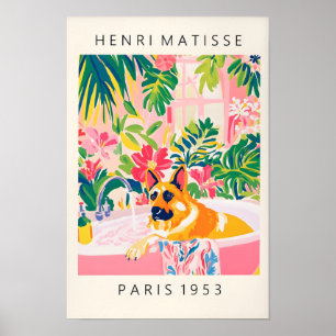 German Shepherd In Bathtub Art Print, Pink Bathroo Poster