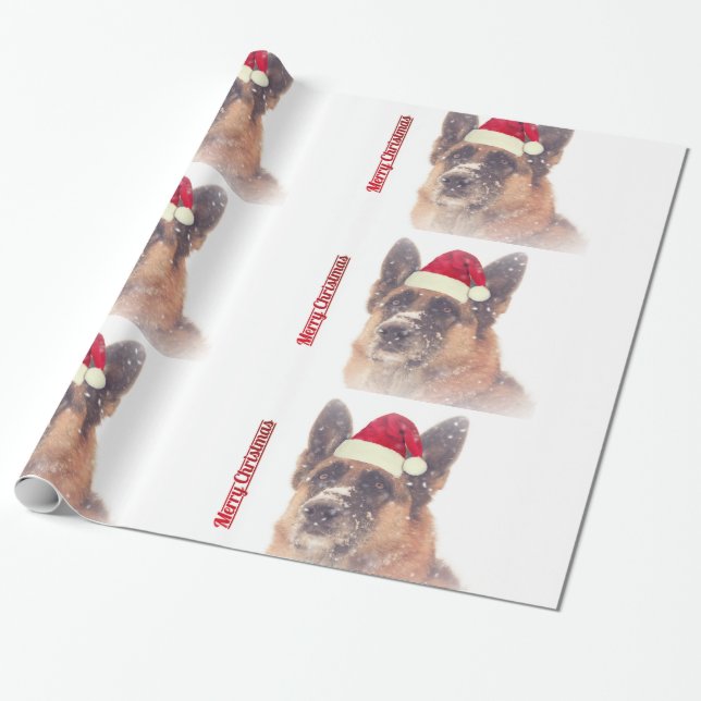 German Shepherd in Santa Hat Holiday Gift Paper (Unrolled)
