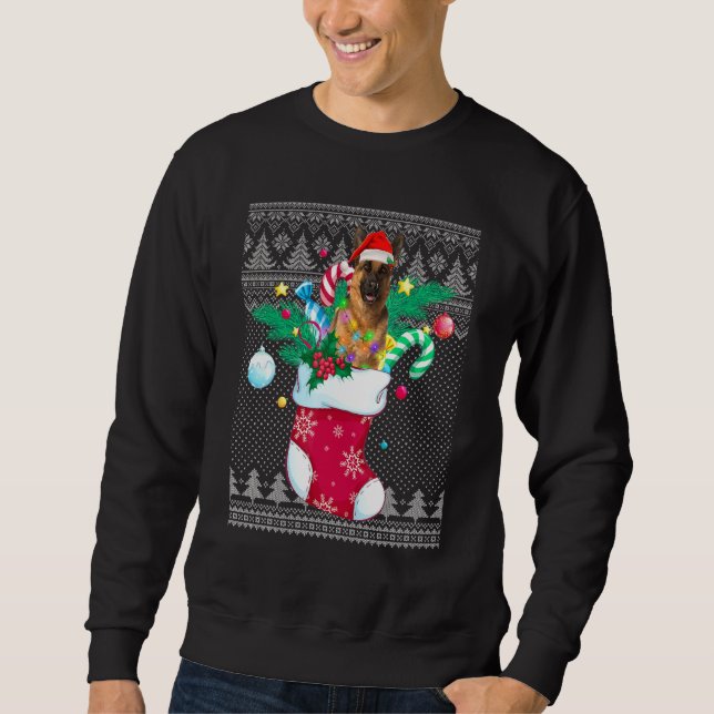 German Shepherd In Sock Funny Christmas Ugly Pajam Sweatshirt (Front)