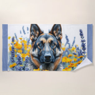 German Shepherd in the flower garden art Beach Towel