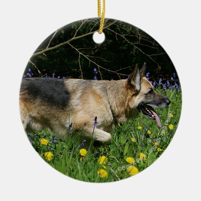 German Shepherd in Yellow Flowers Ceramic Tree Decoration (Front)