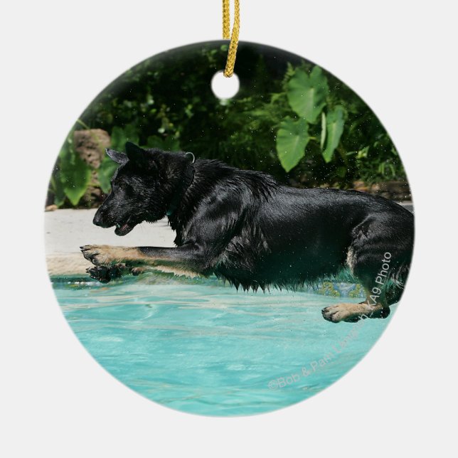 German Shepherd Jumping in Water Ceramic Tree Decoration (Front)