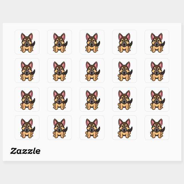 german shepherd kawaii black and tan cartoon square sticker (Sheet)