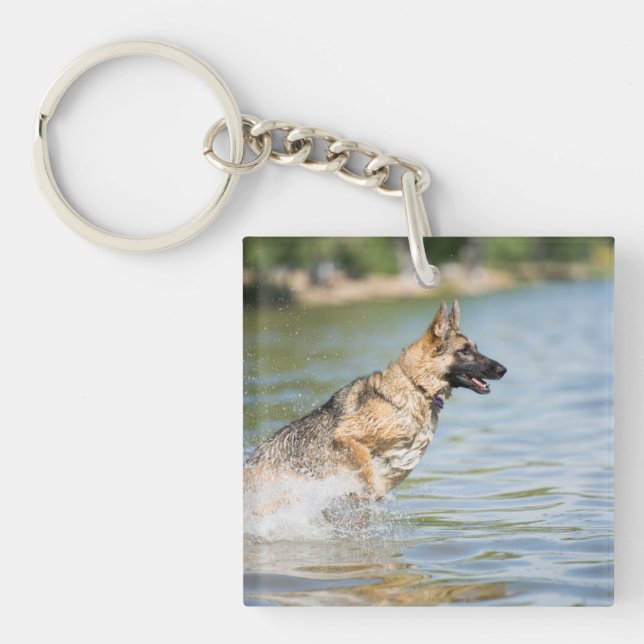 German Shepherd Leaps Into Water Key Ring (Front)