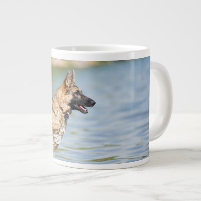 German Shepherd Leaps Into Water Large Coffee Mug (Front Right)