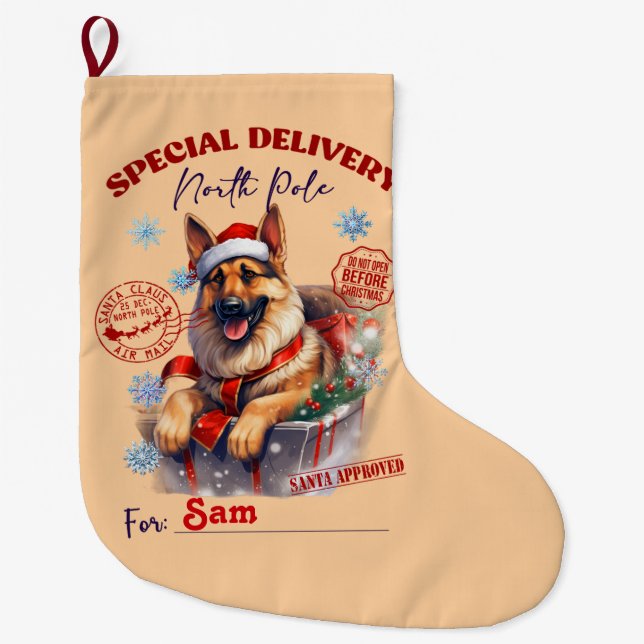 German Shepherd North Pole Delivery Large Christmas Stocking (Front)