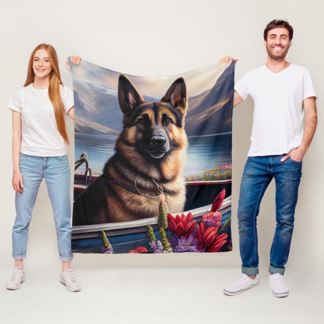 German Shepherd on a Paddle: A Scenic Adventure Fleece Blanket (In Situ)