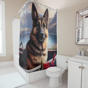 German Shepherd on a Paddle: A Scenic Adventure  Shower Curtain