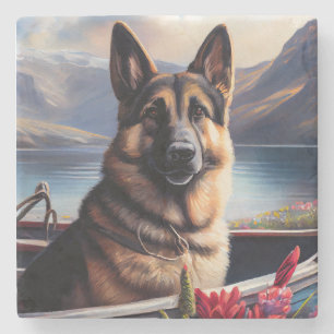 German Shepherd on a Paddle: A Scenic Adventure Stone Coaster