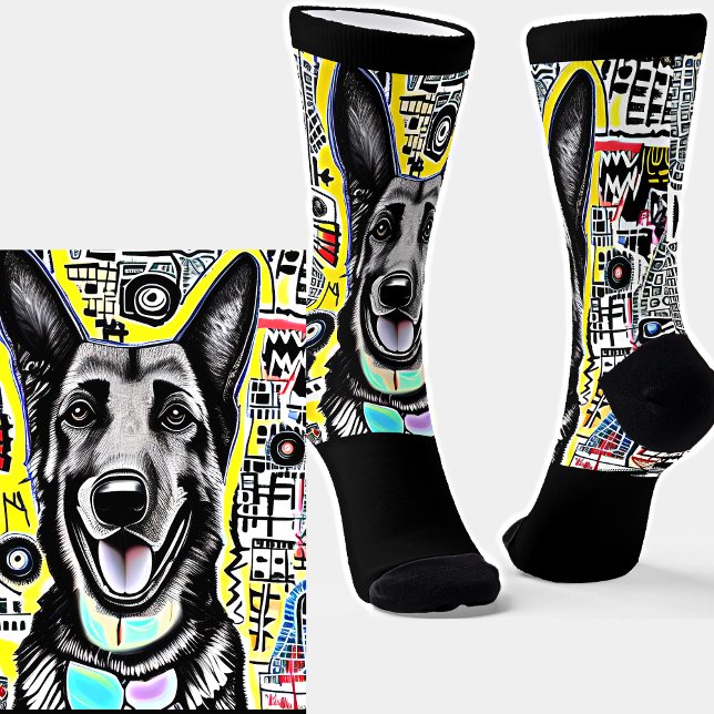 German Shepherd on Graphic Background on Black Socks (Creator Uploaded)