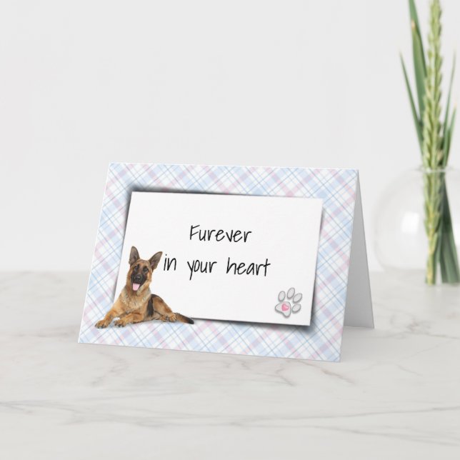 German Shepherd On Plaid Pet Loss Sympathy Card (Front)