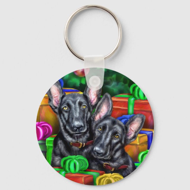 German Shepherd Open Gifts Blk Christmas Key Ring (Front)