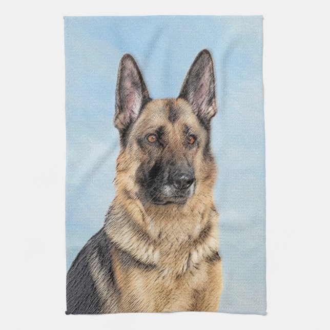 German Shepherd Painting - Cute Original Dog Art Tea Towel (Vertical)