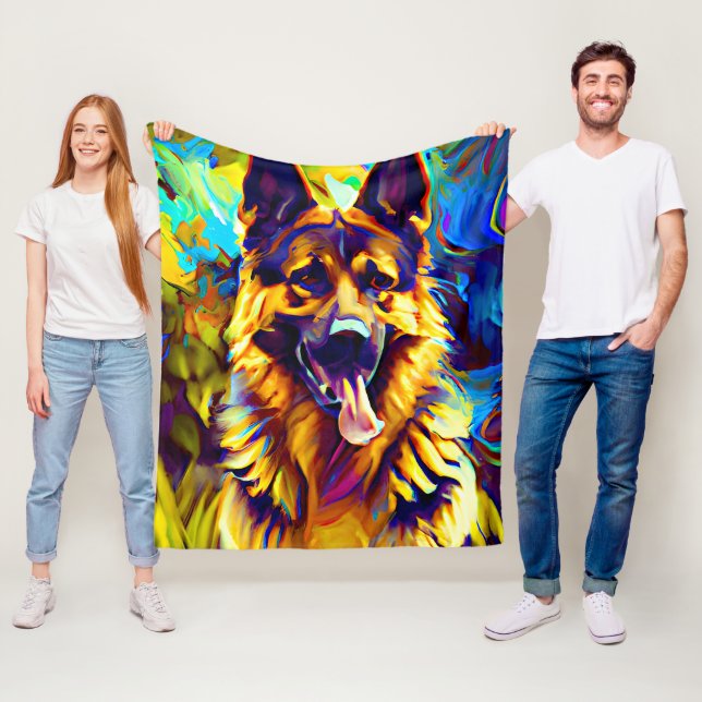 German Shepherd Painting Gold Tones Fleece Blanket (In Situ)