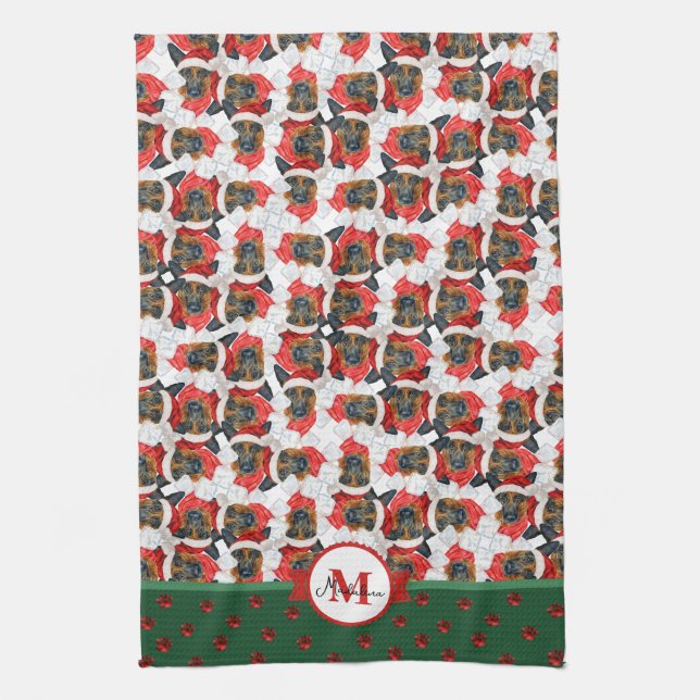 German Shepherd Pattern Monogram Christmas Dog Tea Towel (Vertical)