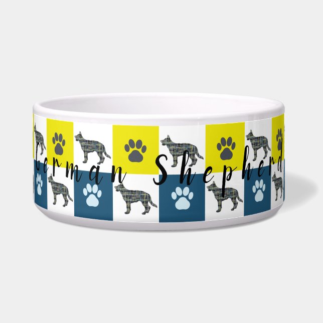 German Shepherd & Paw Yellow & Blue Grid Dog Bowl (Front)