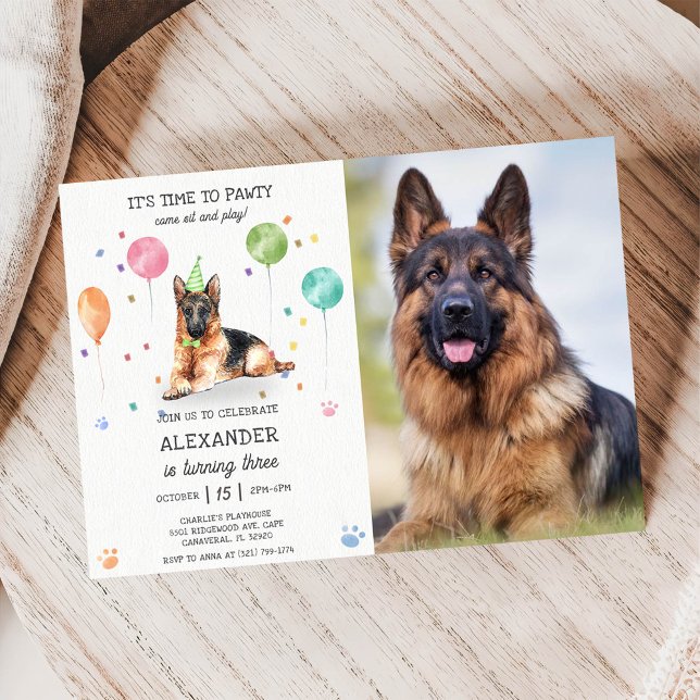 German Shepherd Pawty Puppy Birthday Pink Photo Invitation (Creator Uploaded)