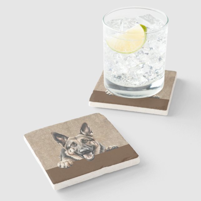 German Shepherd Peeking Puppy Dog Pet Stone Coaster (Side)