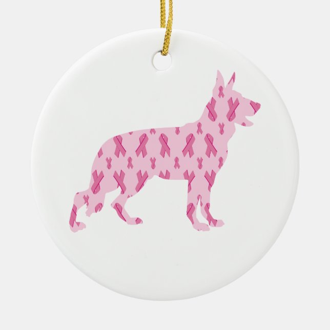 German Shepherd Pink Cancer Ribbons Ceramic Tree Decoration (Front)