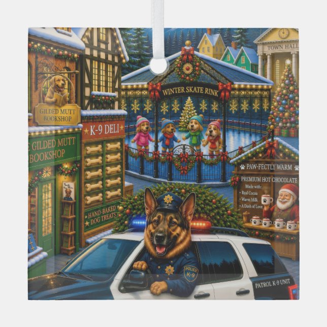 German Shepherd Police Holiday  Glass Tree Decoration (Front)